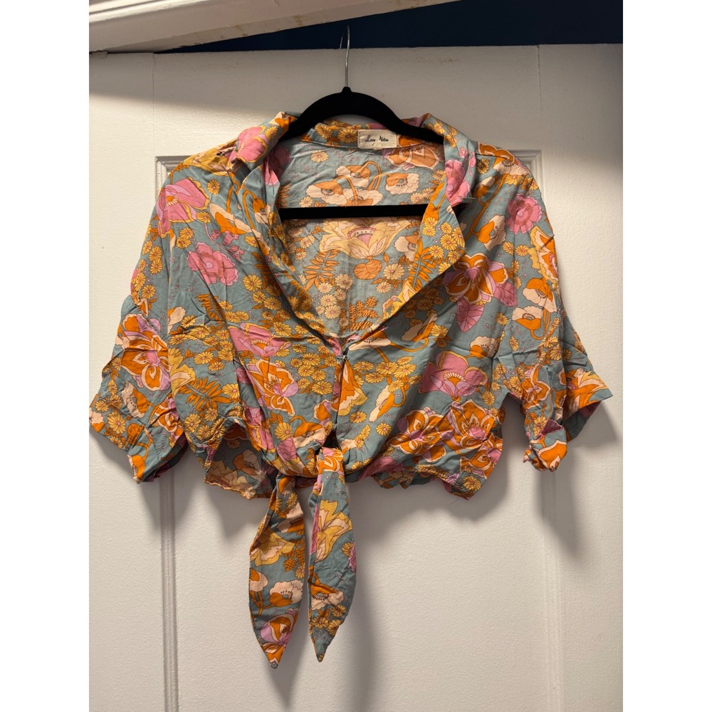 Love Notes‎ Floral Tie Front Crop Top Womens Large Blue Orange Retro 70s Style